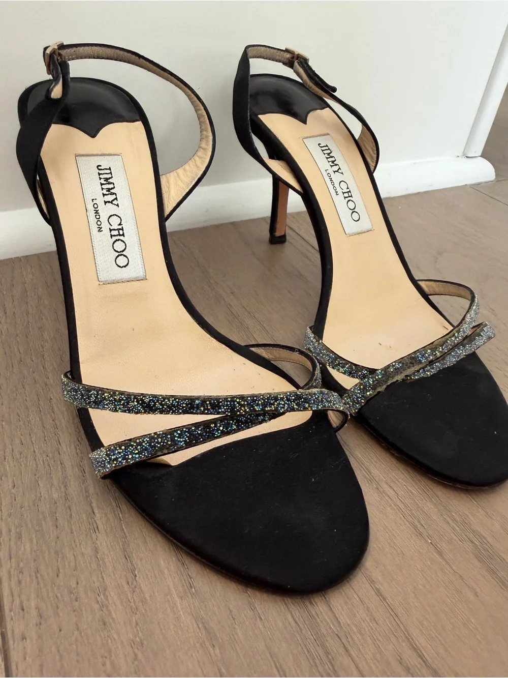 Jimmy Choo India Black Satin Heeled Sandals with Sparkle Straps